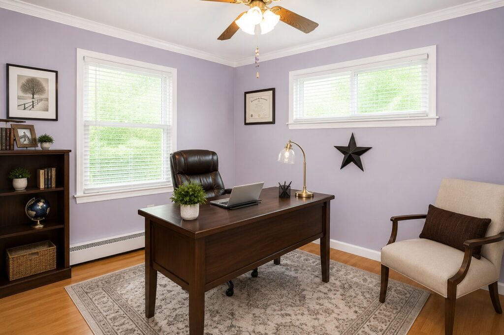 Modern home office with soft purple walls Modern home office with soft purple walls