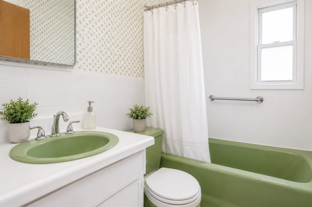 Retro green accents in clean bathroom Retro green accents in clean bathroom