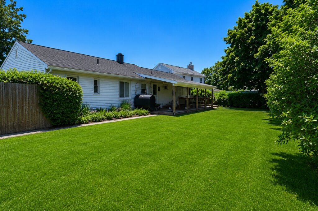 Sunny backyard with vibrant green lawn Sunny backyard with vibrant green lawn