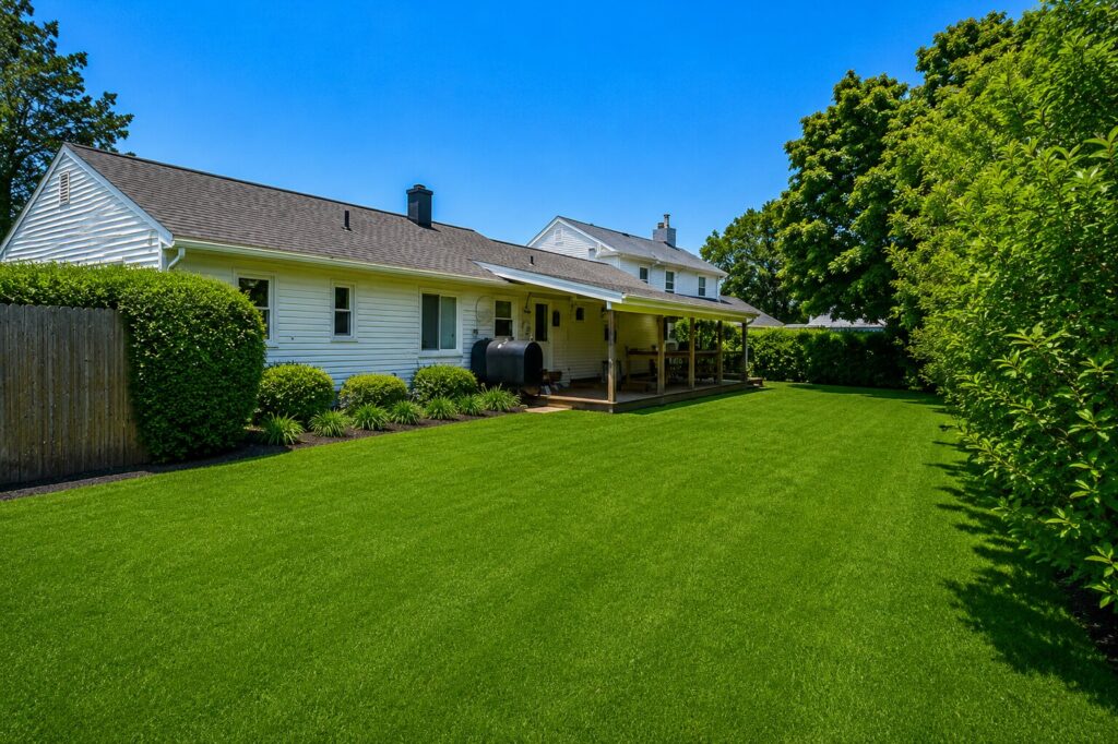 Sunny suburban backyard with porch Sunny suburban backyard with porch
